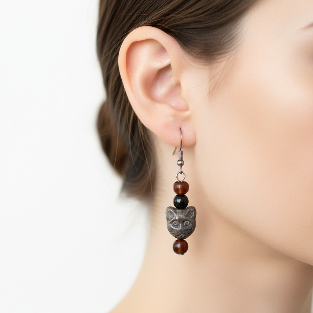 Cat-shaped bead earrings with amber and jet beads…side view of one of the earrings being worn