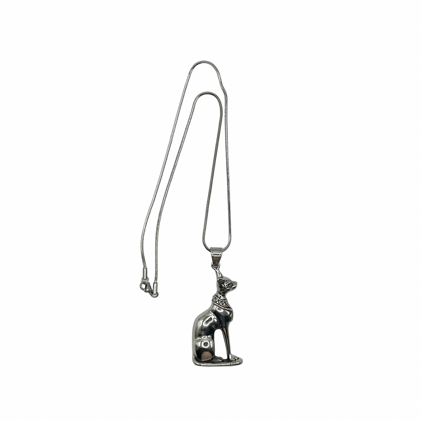 Silver cat-shaped pendant on a chain against a white background