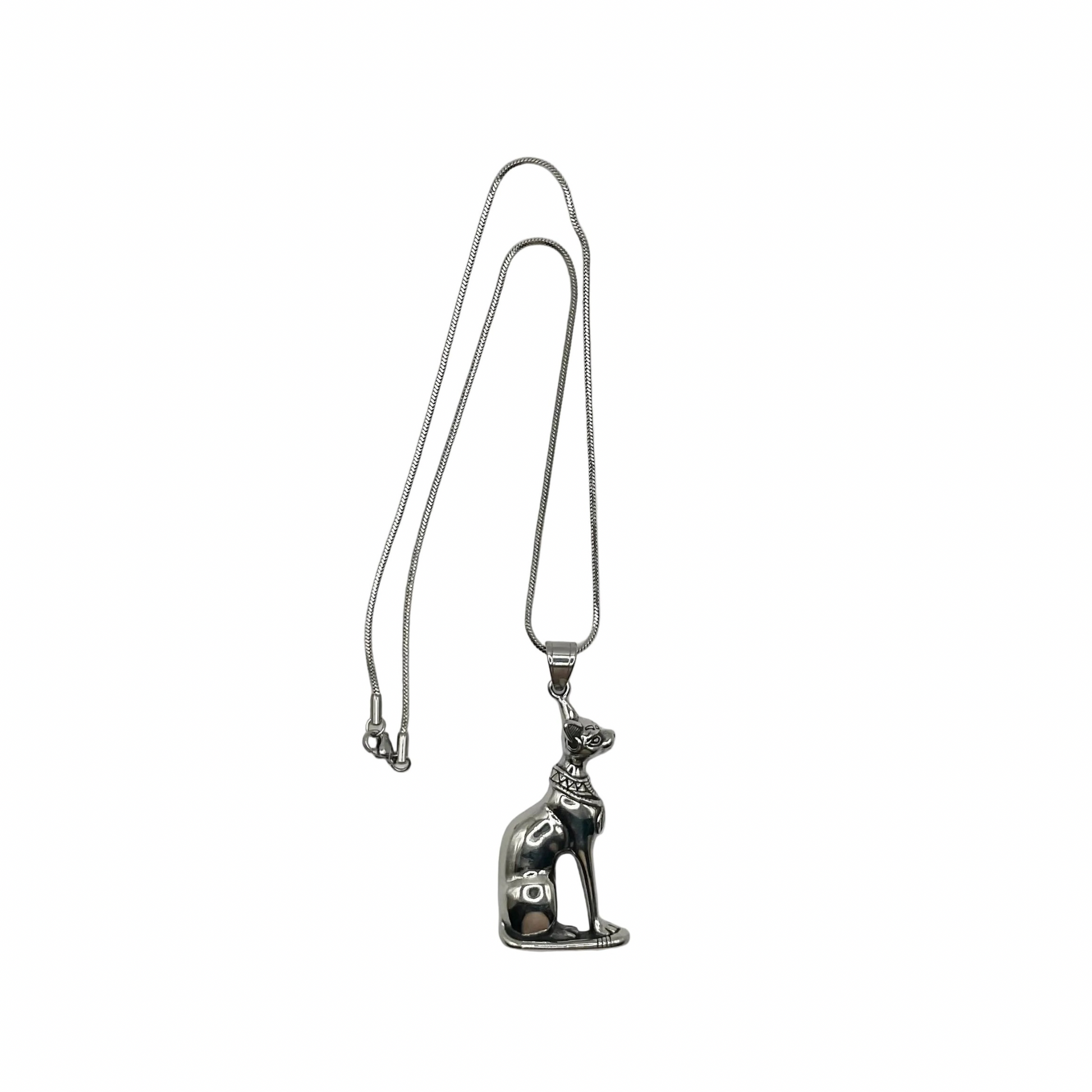 Silver cat-shaped pendant on a chain against a white background