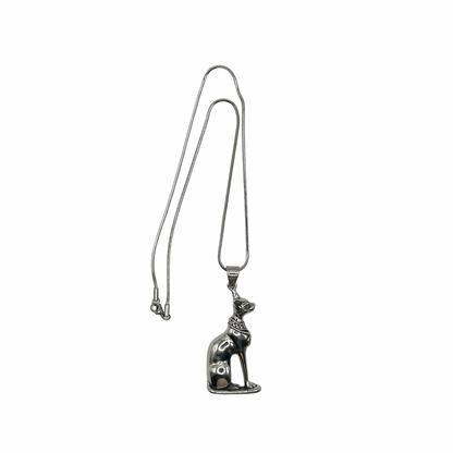 Silver cat-shaped pendant on a chain against a white background