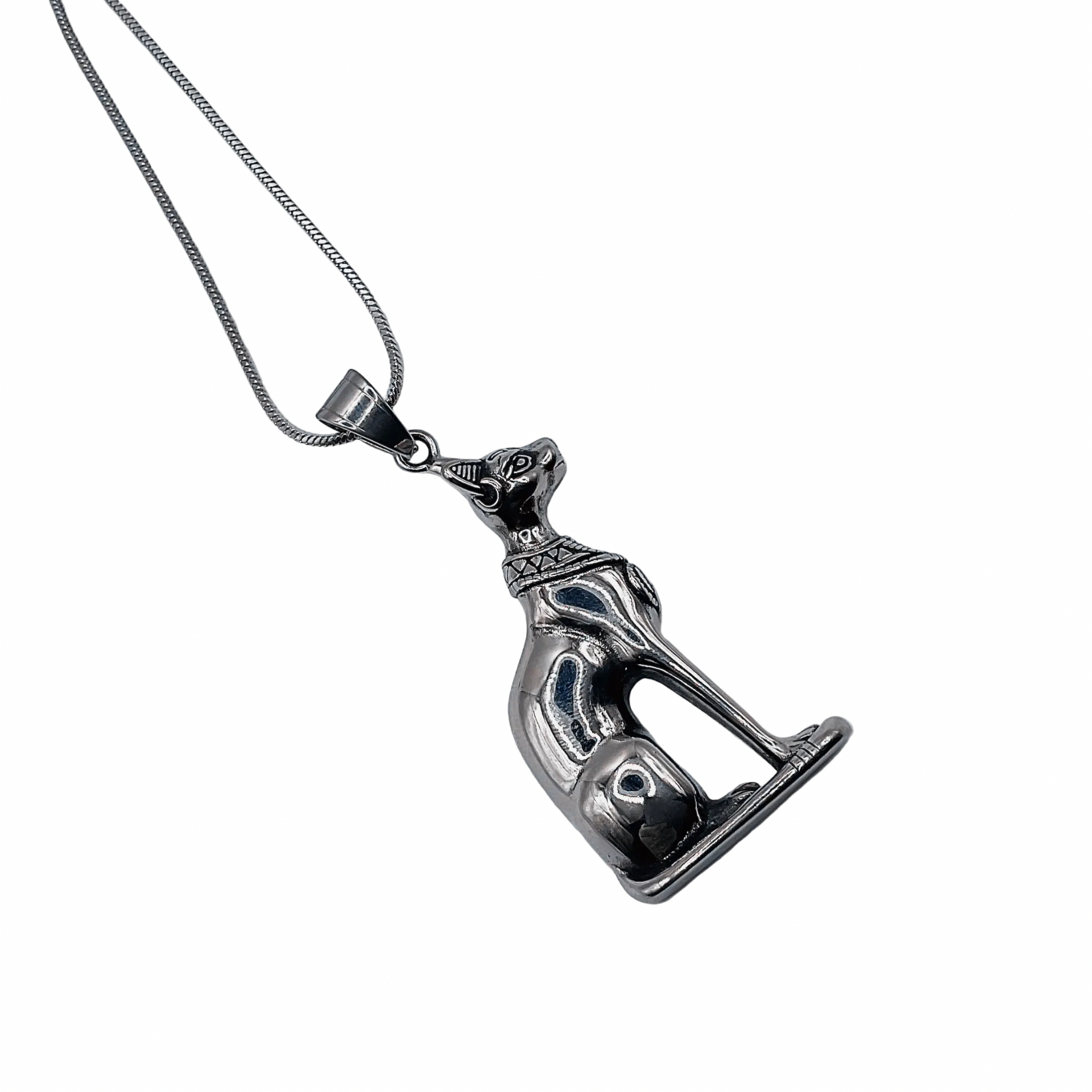 Silver tone Bastet cat pendant with steel chain displayed on a white background