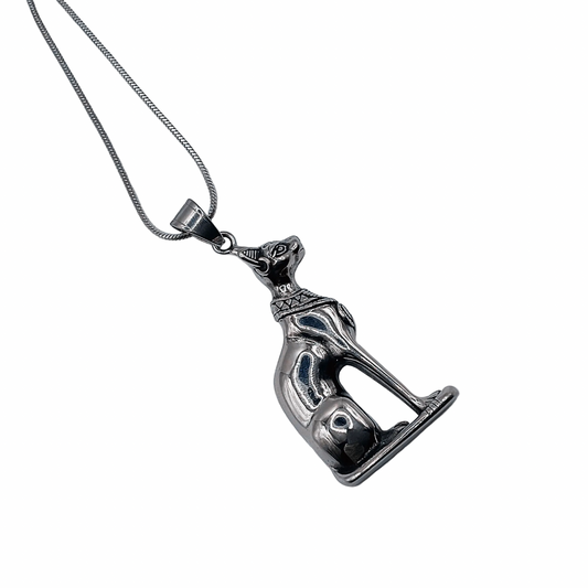 Silver tone Bastet cat pendant with steel chain displayed on a white background