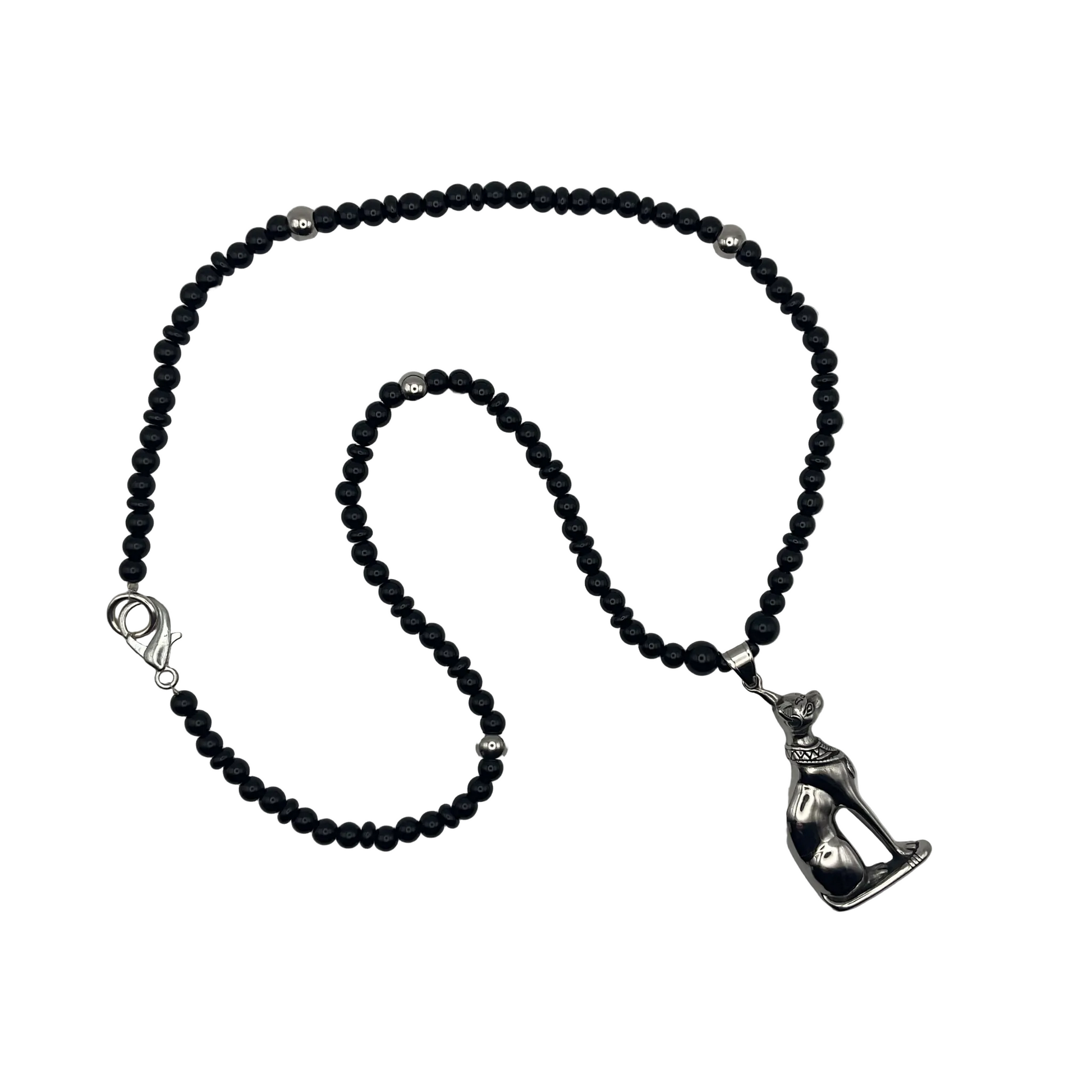 Black beaded necklace with steel bead accents and a silver tone Cat Goddess Bastet pendant on a white background