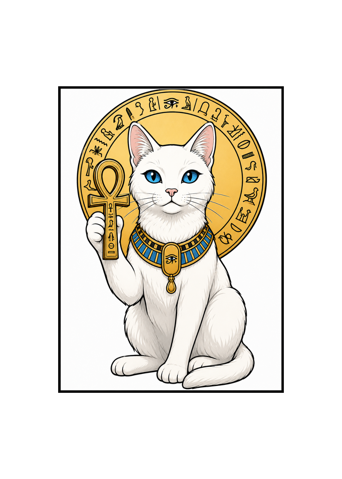 A stylized illustration of a white cat with blue eyes wearing an Egyptian-style gold collar and holding an ankh, set against a circular gold emblem with hieroglyphs on a white background.