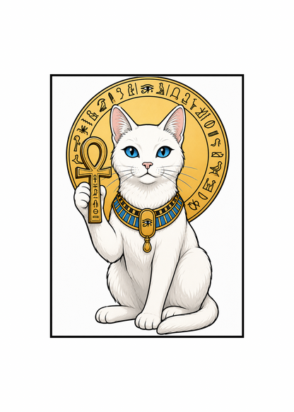 A stylized illustration of a white cat with blue eyes wearing an Egyptian-style gold collar and holding an ankh, set against a circular gold emblem with hieroglyphs on a white background.