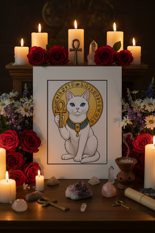 White Cat Bastet image with ankh and halo with hieroglyphs displayed on an altar with flowers and candles