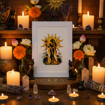 A black and gold Bastet Egyptian-themed art print featuring a Goddess Bast silhouette with sun rays and cats, displayed on a wooden altar surrounded by lit candles, flowers, crystals, and small cat figurines.