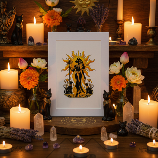 A black and gold Bastet Egyptian-themed art print featuring a Goddess Bast silhouette with sun rays and cats, displayed on a wooden altar surrounded by lit candles, flowers, crystals, and small cat figurines.