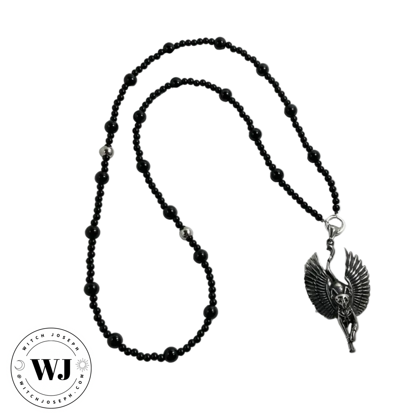 Prayer Beads dedicated to the Goddess Bastet with a main pendant of a winged Egyptian Bastet cat…displayed against a white background