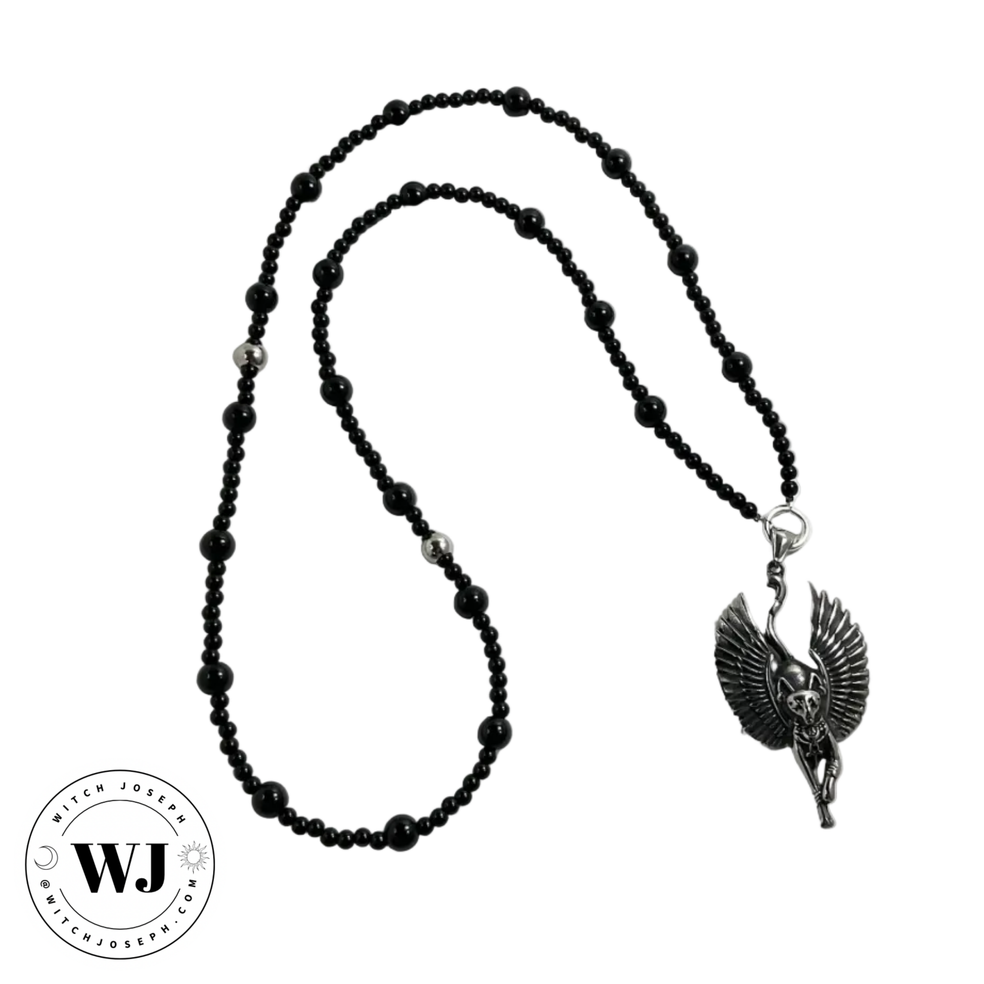 Prayer Beads dedicated to the Goddess Bastet with a main pendant of a winged Egyptian Bastet cat…displayed against a white background