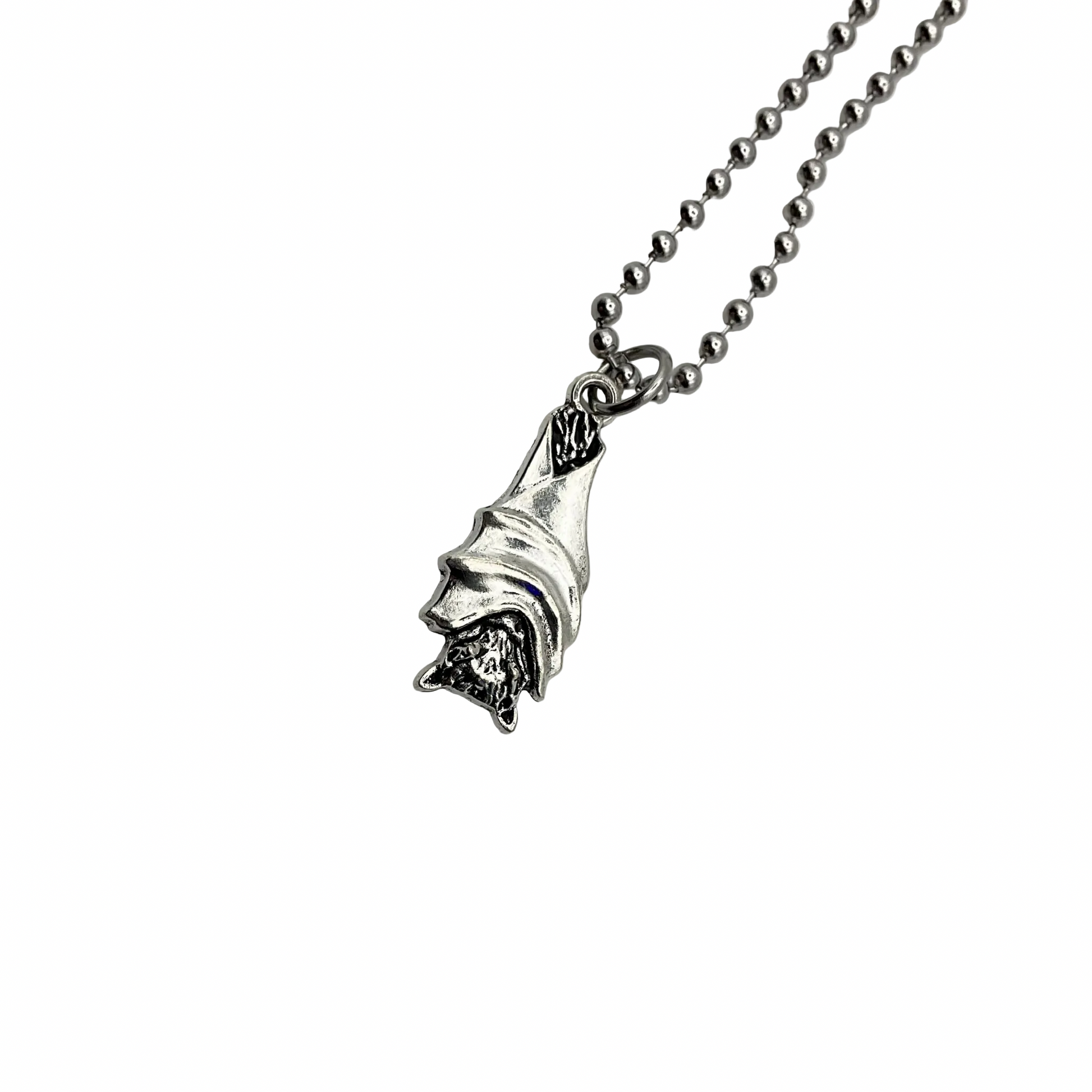Silver tone hanging bat pendant on a ball chain against a white background