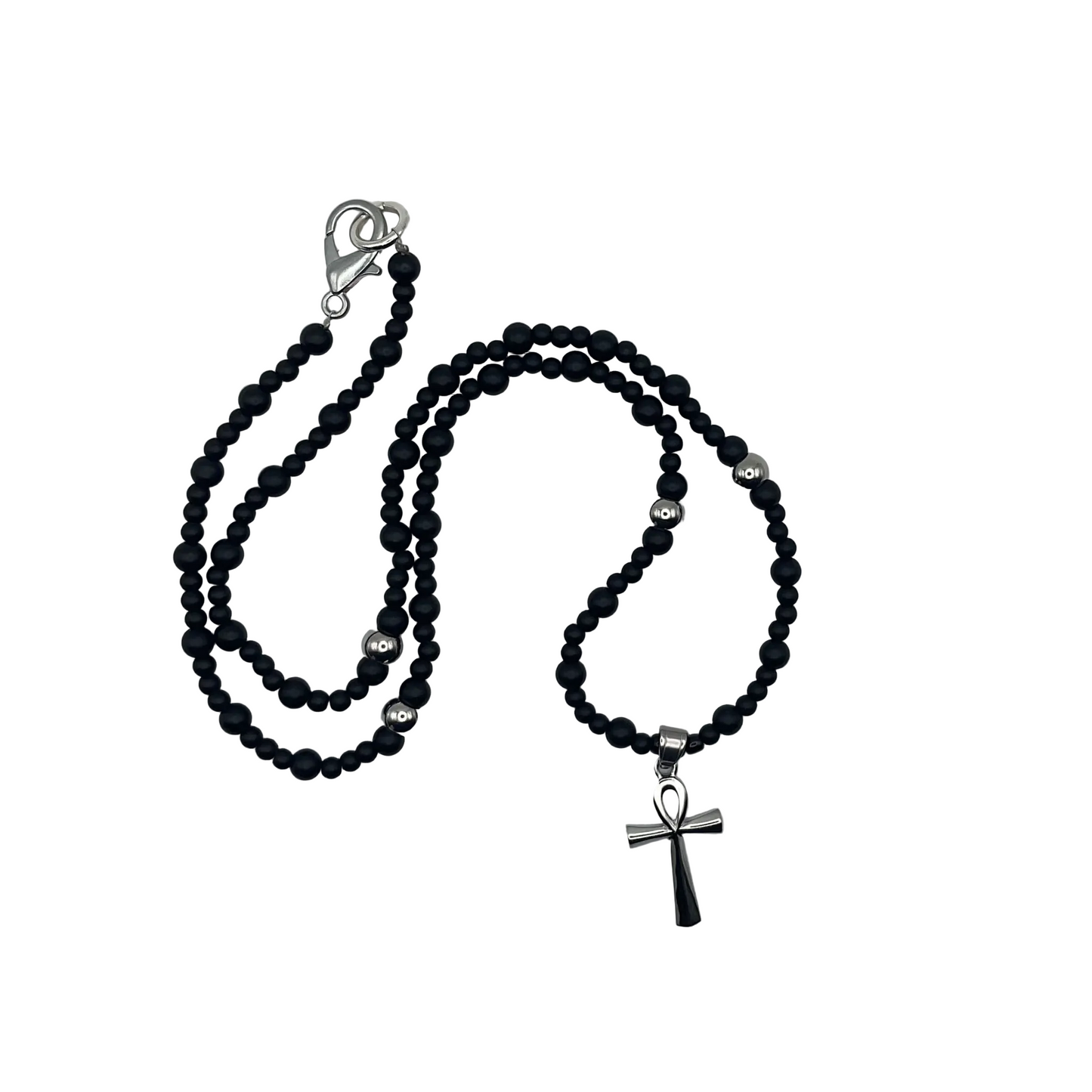 Black beaded necklace with steel accents with an ankh cross pendant on a white background