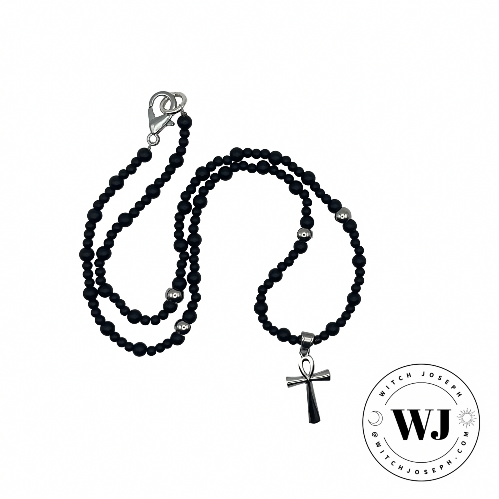 Beaded Ankh Talisman with silver tone and black beads displayed against a white background with the Witch Joseph Logo