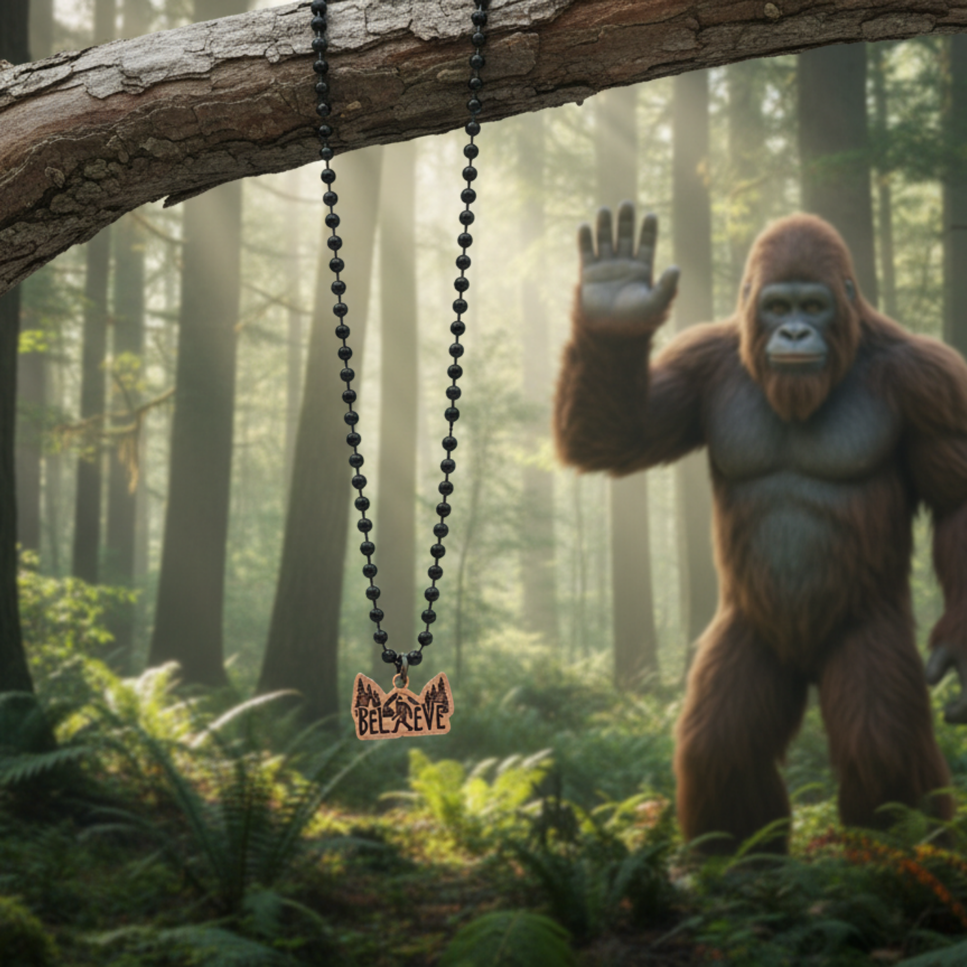 Large Bigfoot in a forest with a necklace featuring a bigfoot image and says ‘Believe' pendant