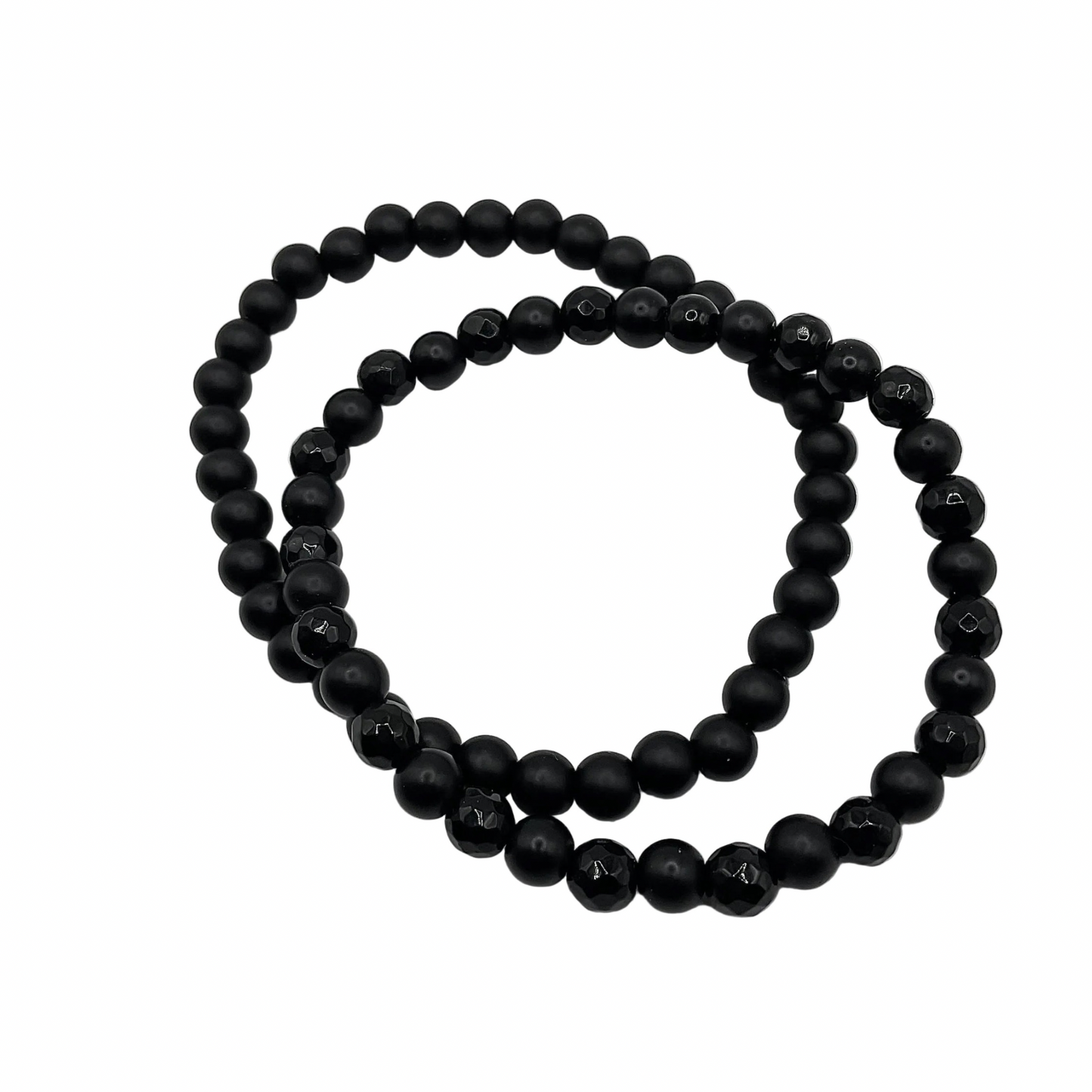 Two black beaded bracelets displayed on a white background