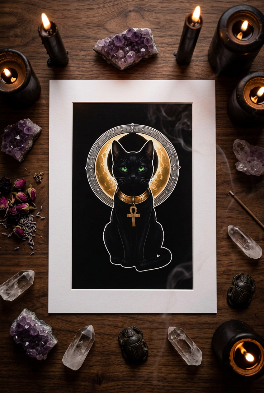 A matted art print featuring a black cat Goddess Bastet with green eyes and an Ankh necklace, set against a black background with a gold crescent moon and silver circular design. The print is displayed on a dark wooden table surrounded by candles, crystals, and dried flowers.