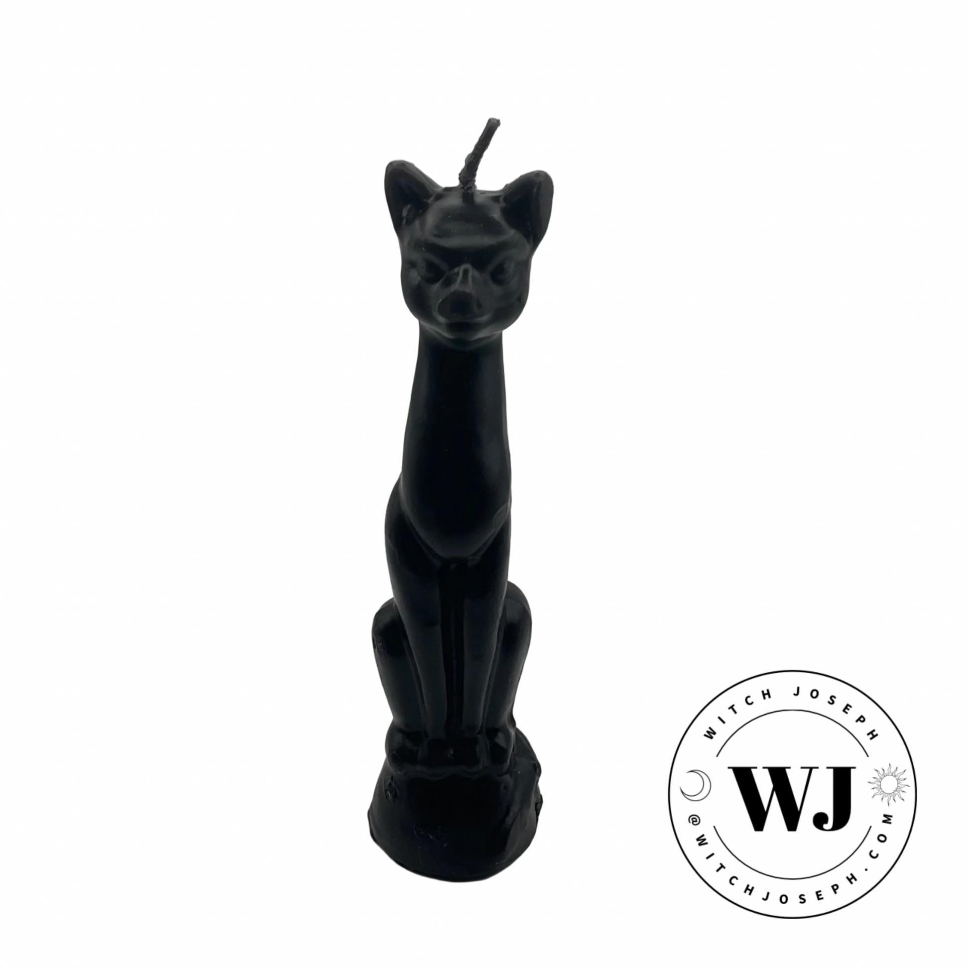 Black cat-shaped candle on a white background with 'Witch Joseph' logo.