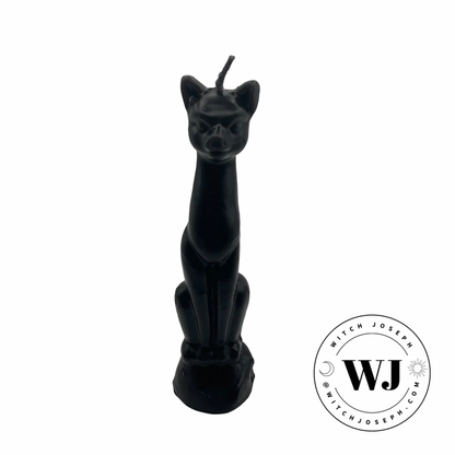 Black cat-shaped candle on a white background with 'Witch Joseph' logo.