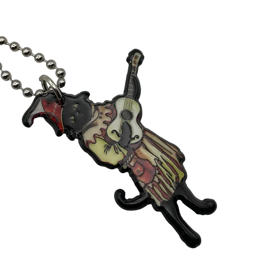Black Cat playing guitar acrylic pendant on a ball chain against a white background