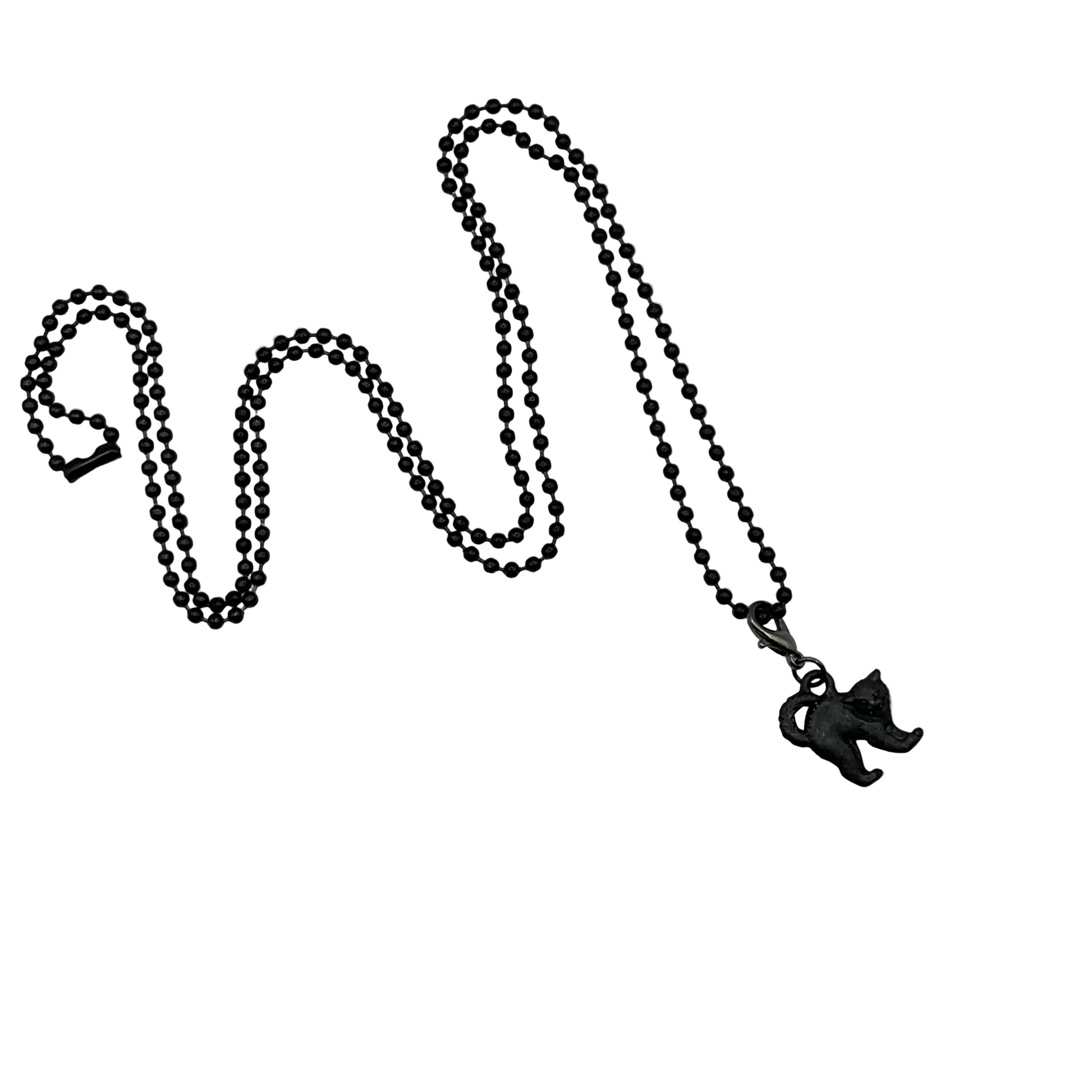 Black tone ball chain  necklace with a small black cat pendant on a white background