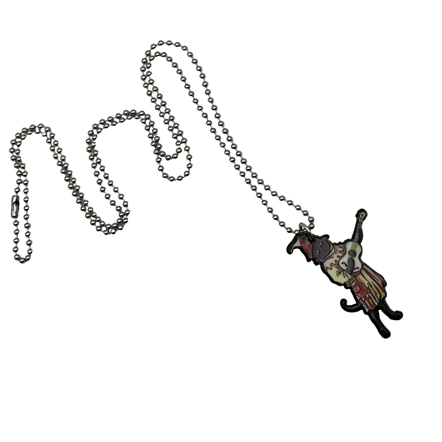 Necklace with a vintage style Black cat playing a guitar pendant on a ball chain displayed on a white background
