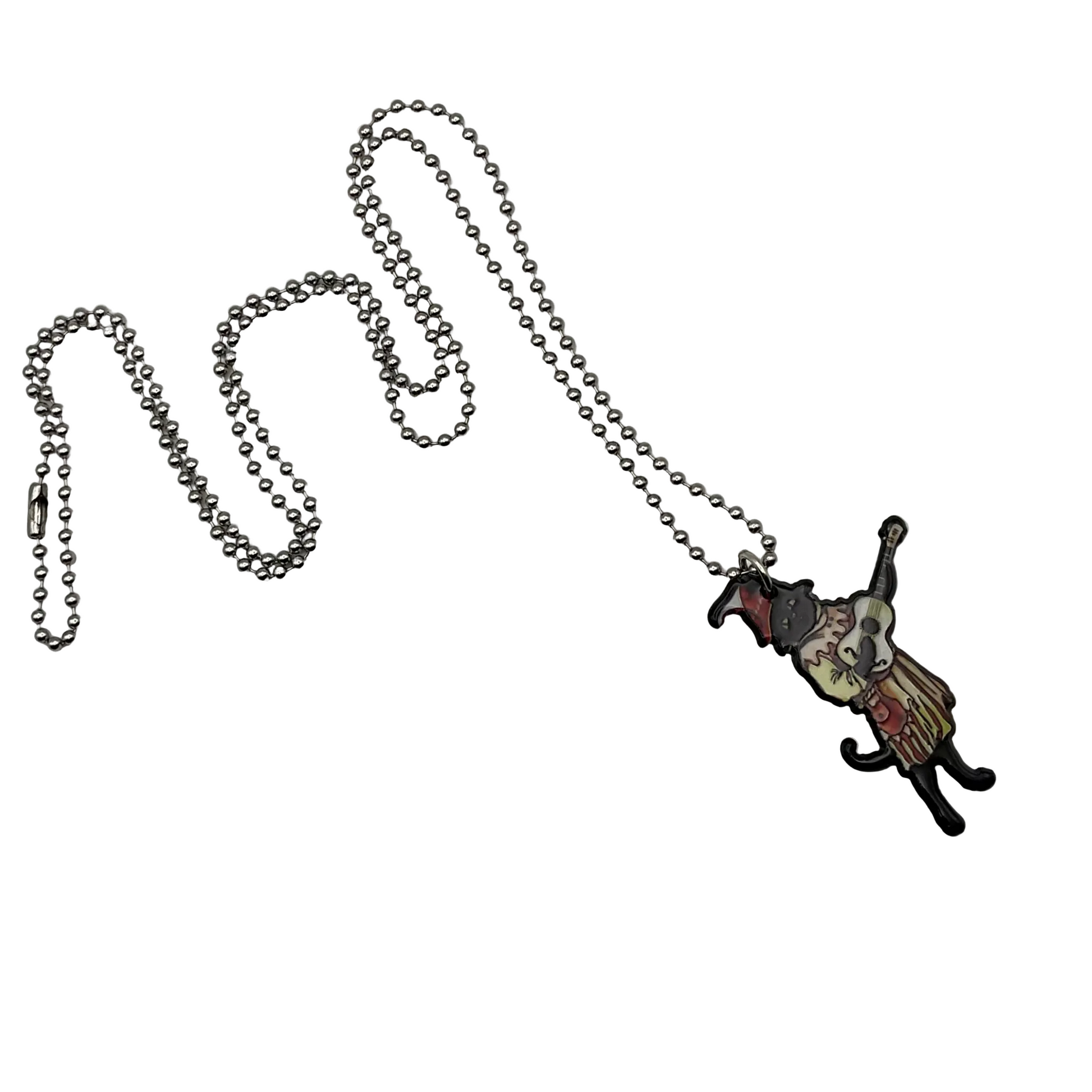Necklace with a vintage style Black cat playing a guitar pendant on a ball chain displayed on a white background