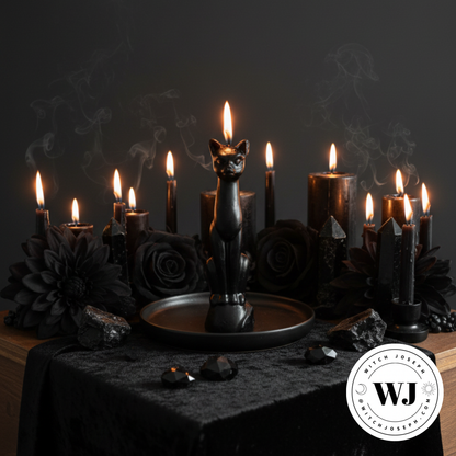 Dark-themed altar setup with candles, a black cat candle, and WJ logo.