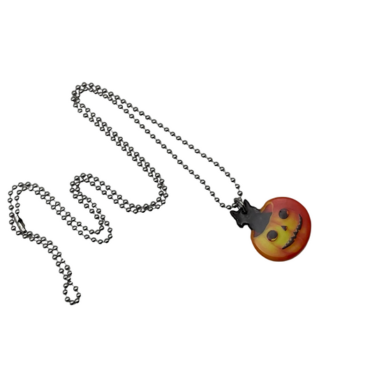 Vintage style Halloween Black cat in a jack-o-lantern Necklace on a silver tone ball chain  on a white background