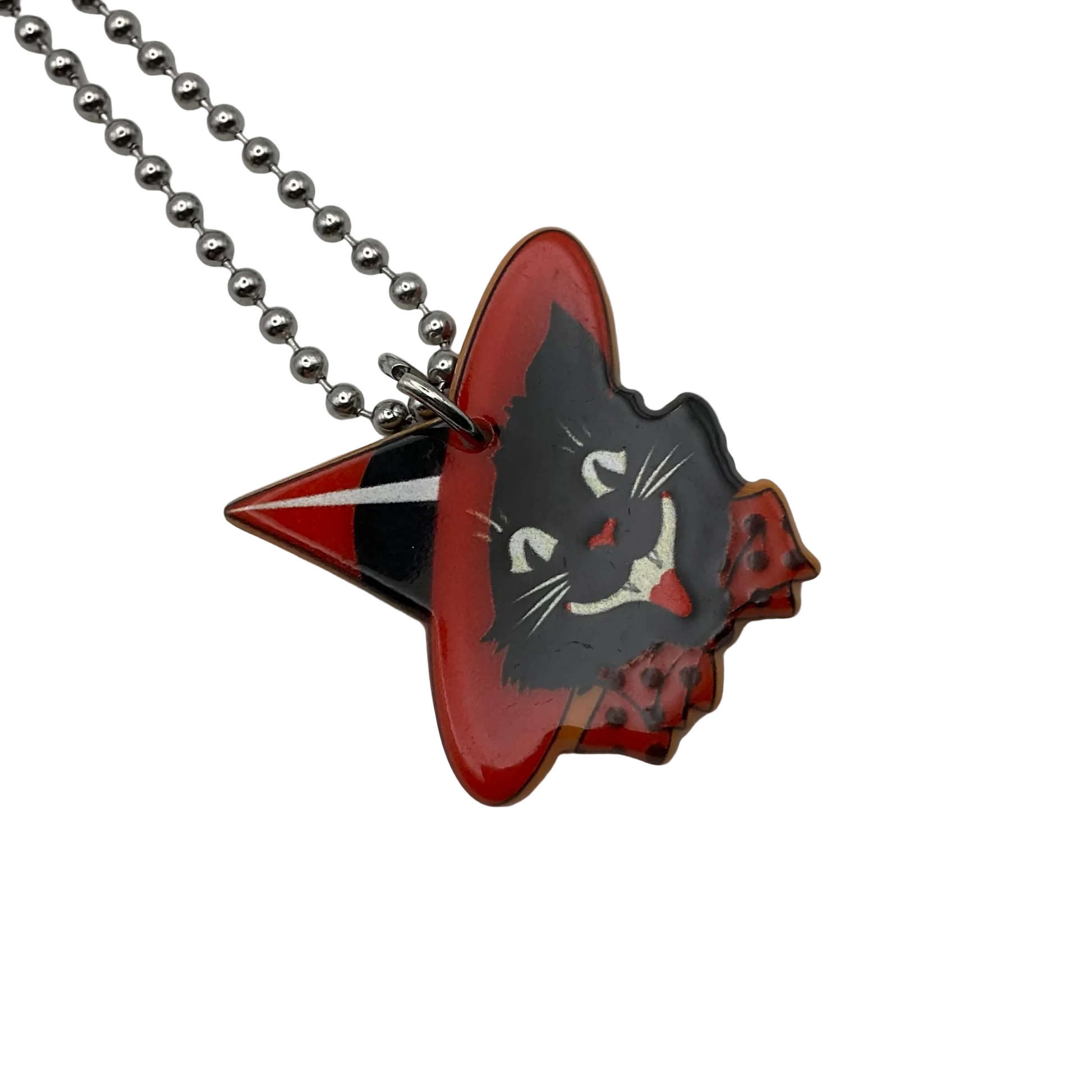 Vintage style Cat with witch hat in red and black pendant charm necklace on a ball chain on a white background