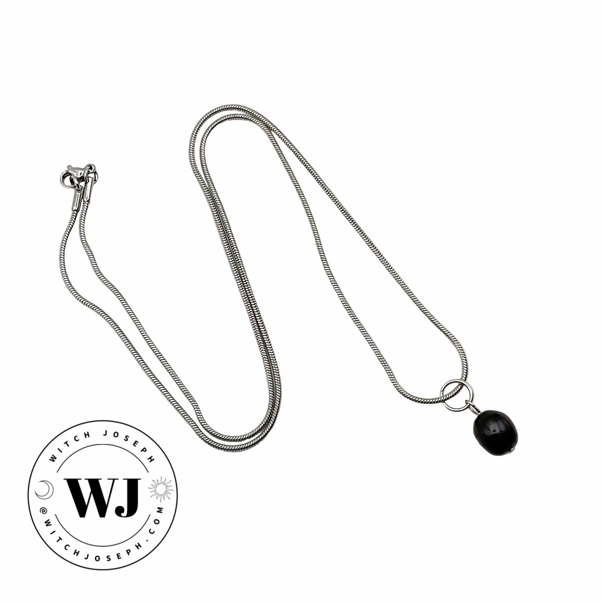 Silver tone necklace with a black pearl drop pendant on a white background, featuring the WJ logo.