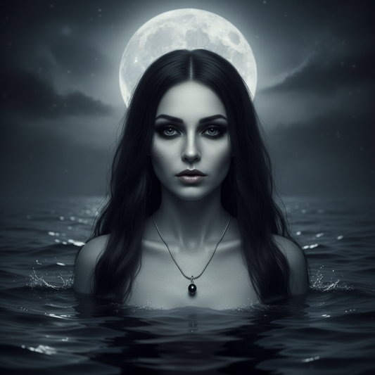 Mermaid in water wearing a black pearl droplet necklace with a full moon in the background