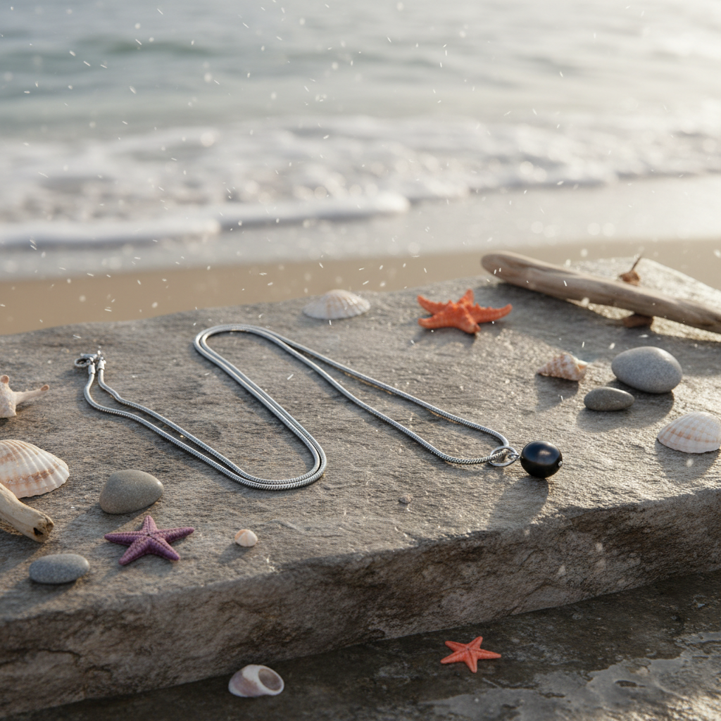 Necklace with a dark black pearl pendant on a rock by the sea