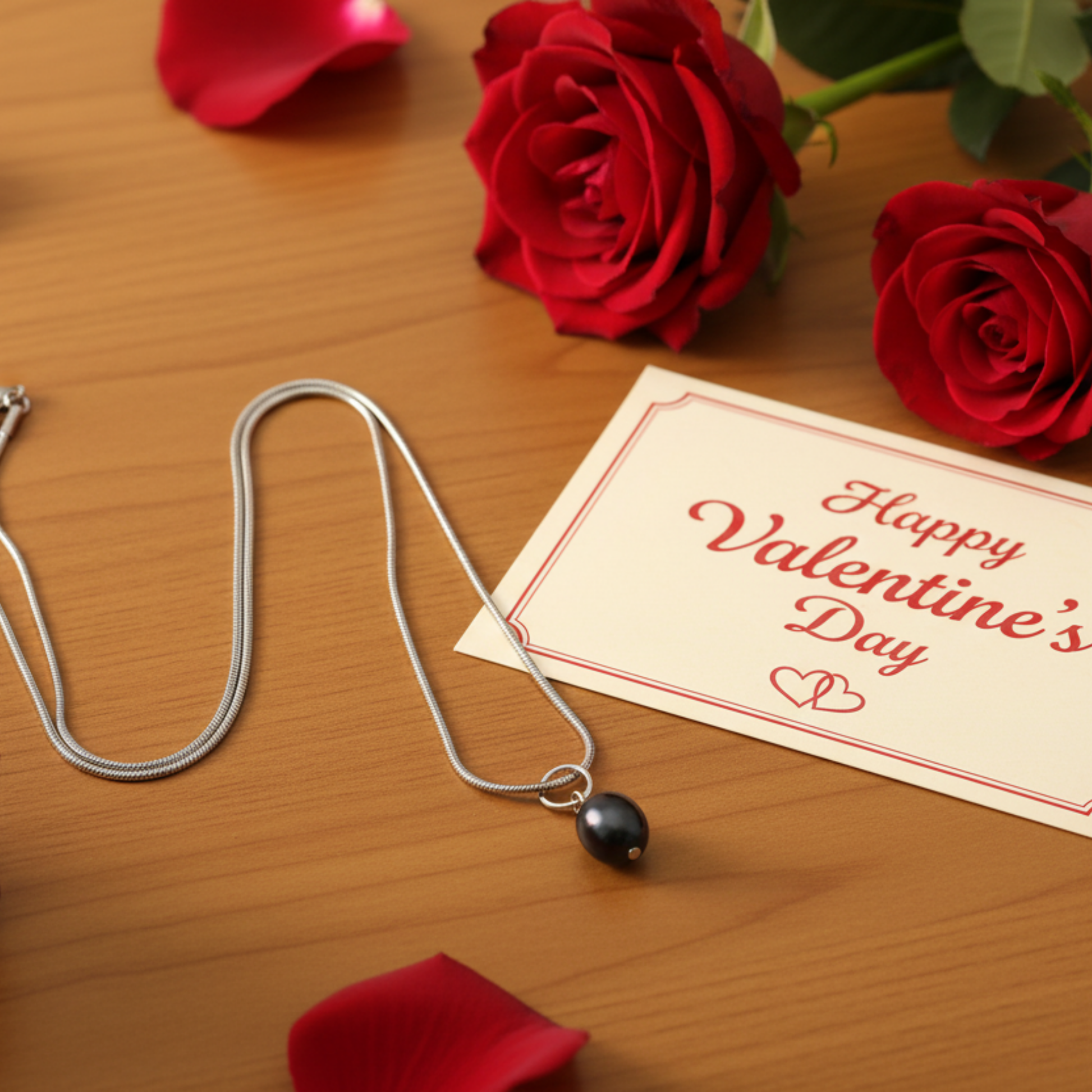 Necklace with a black pearl drop pendant on a wooden surface with red roses and a Valentine's Day card.