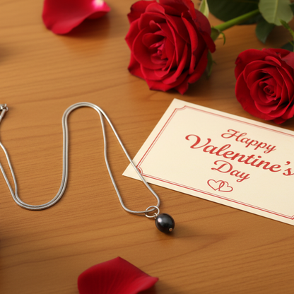 Necklace with a black pearl drop pendant on a wooden surface with red roses and a Valentine's Day card.
