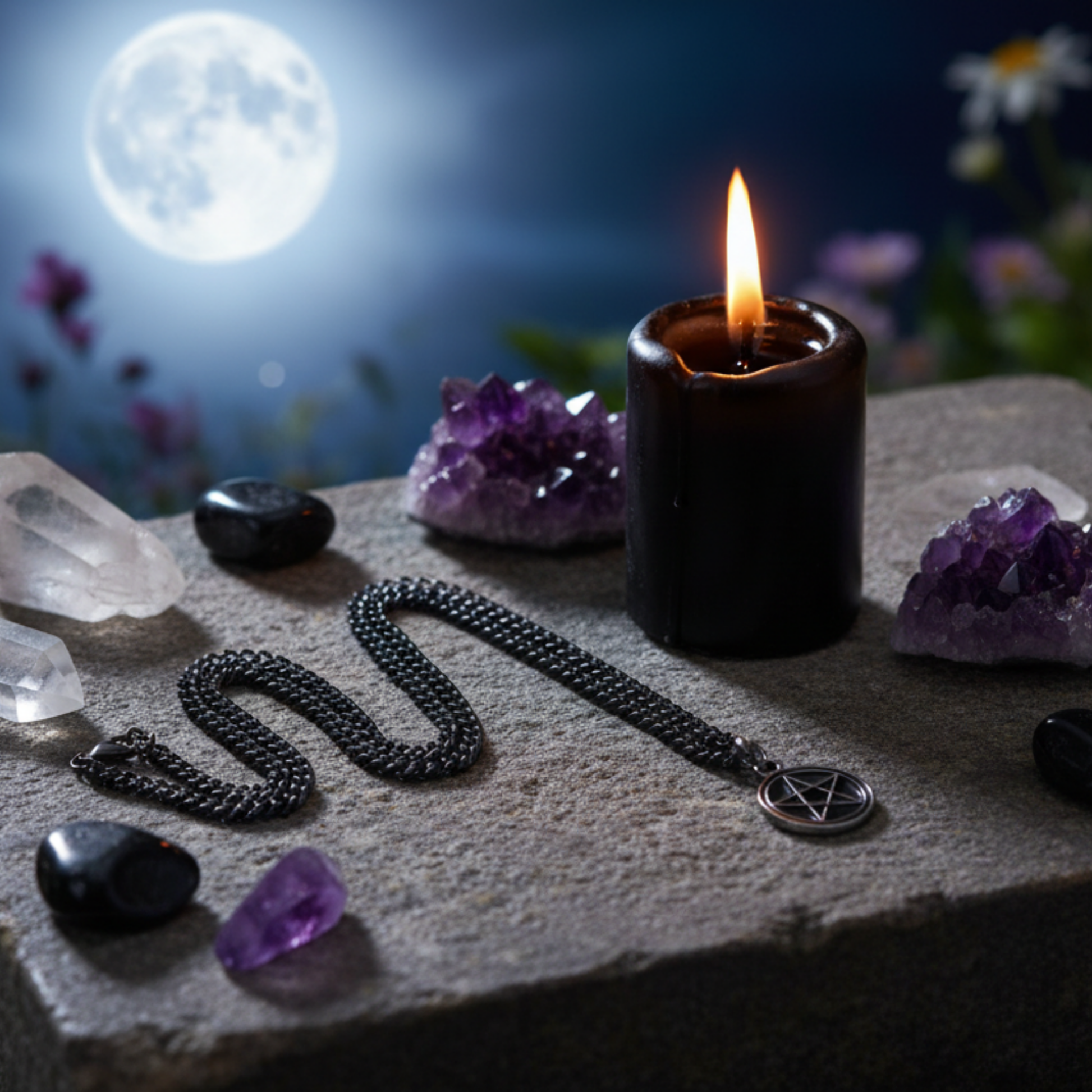 Candle, black pentacle necklace, and crystals on a stone surface with a moonlit background