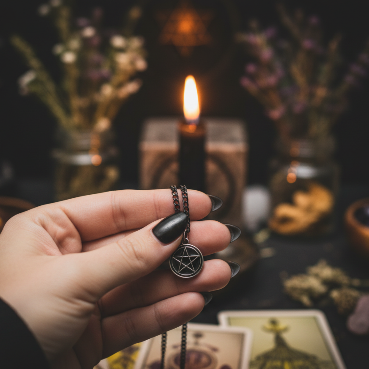 Hand holding a pentagram pentacle pendant with a blurred background of tarot cards and candles.