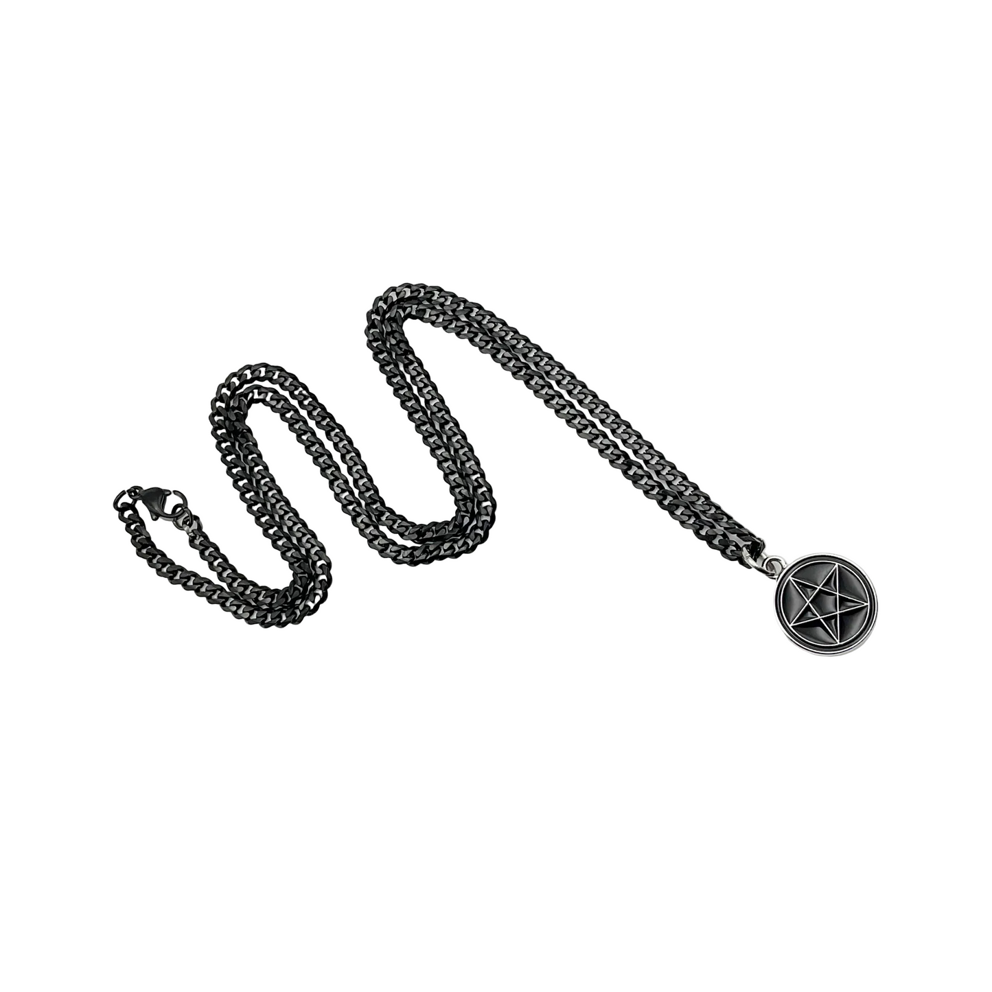 Black chain necklace with black pentagram pendant on a white background