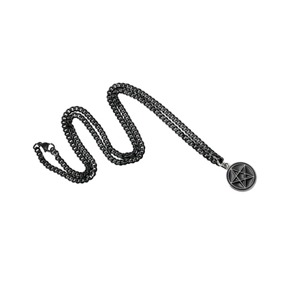 Black chain necklace with black pentagram pendant on a white background