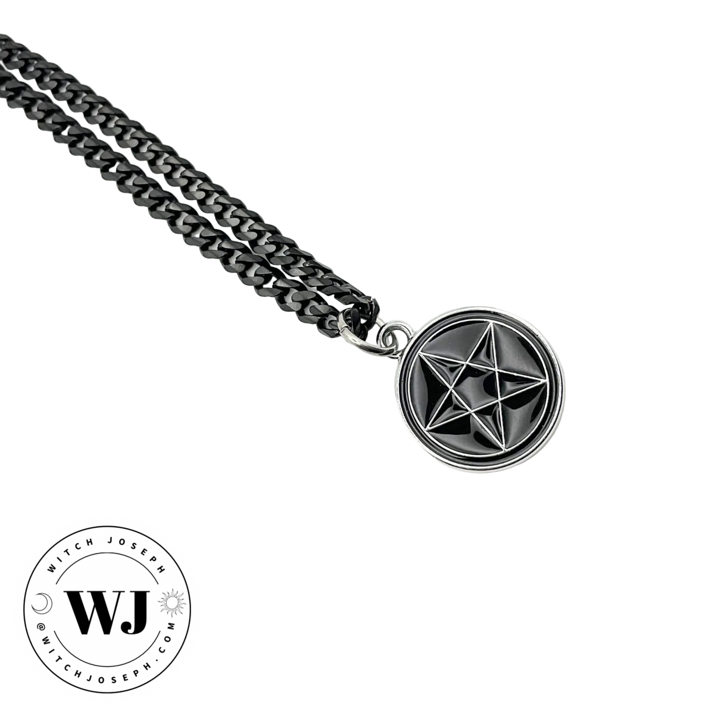 Necklace with black pentacle pendant on a black chain displayed against a white background, featuring the brand 'Witch Joseph'