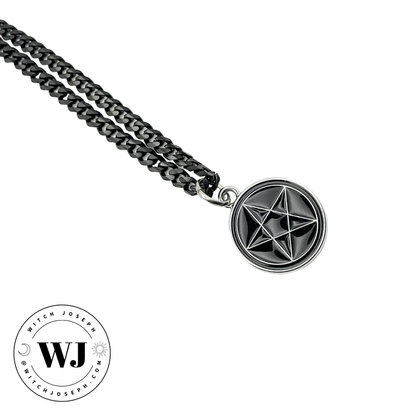 Necklace with black pentacle pendant on a black chain displayed against a white background, featuring the brand 'Witch Joseph'