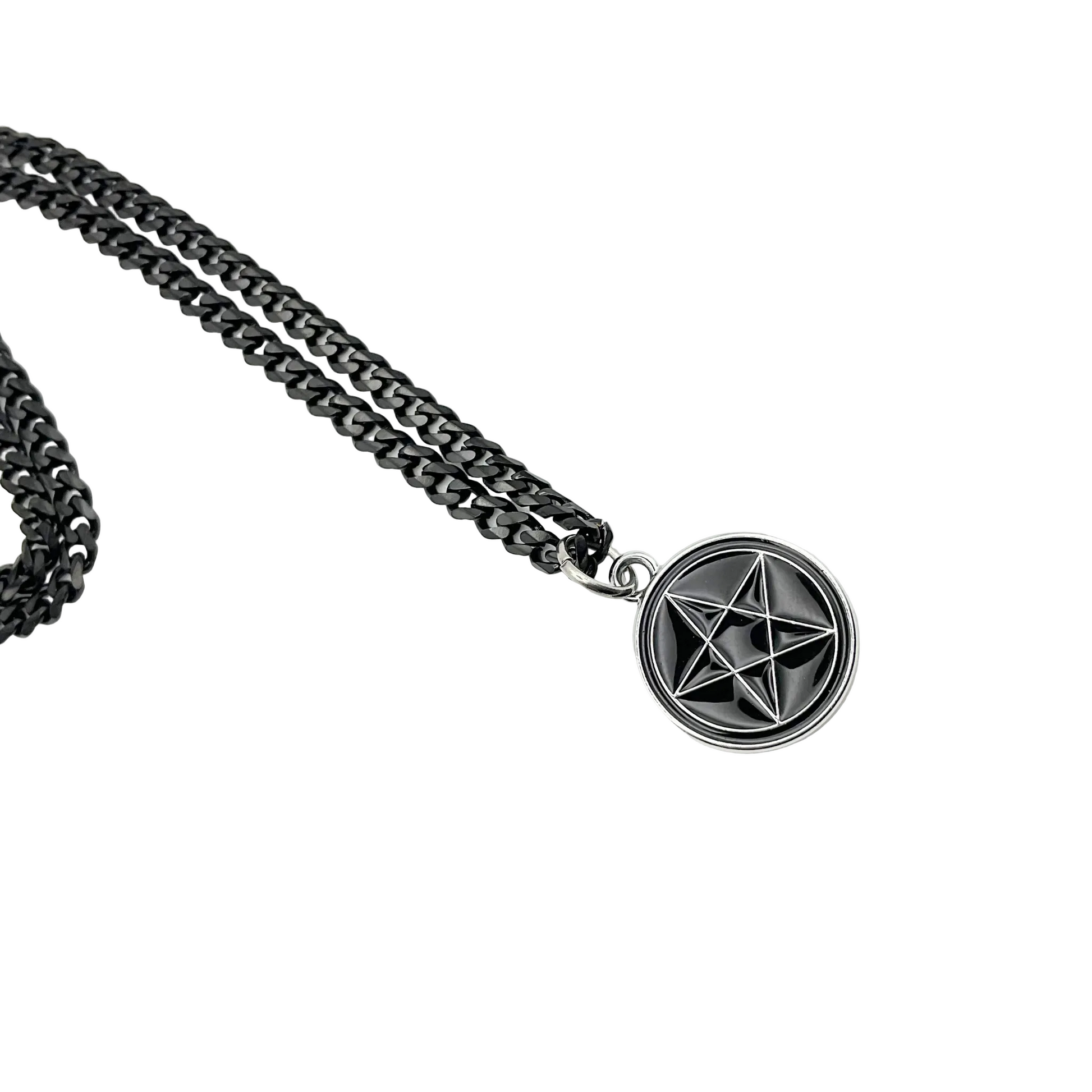 Necklace with a black pentacle pendant on a white background
