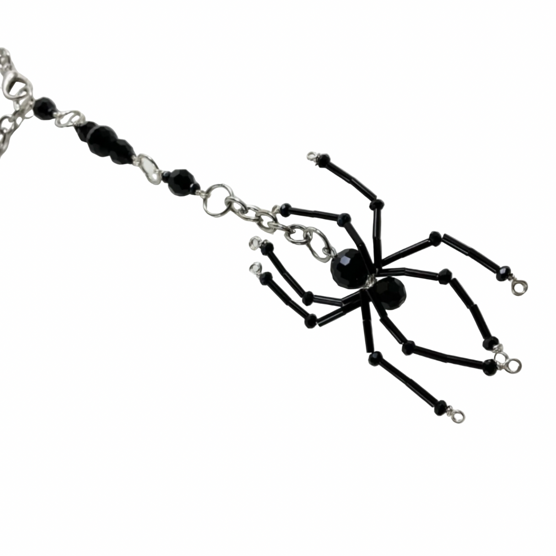 Black spider-shaped beaded Sun Catcher Car Charm on a chain against a white background