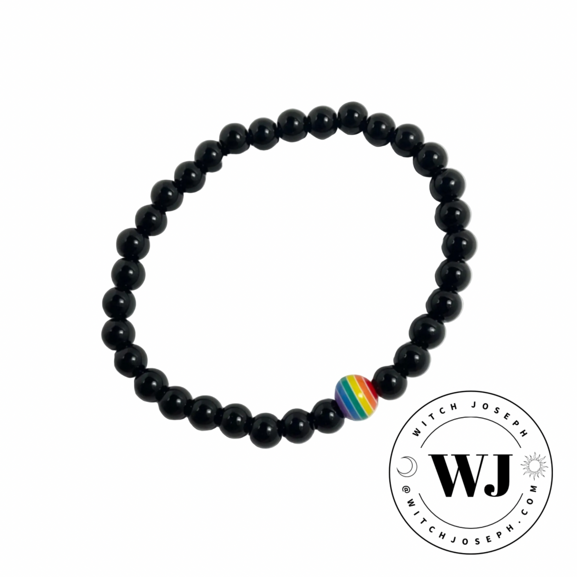 Black beaded stretch bracelet with a rainbow focal bead displayed on a white background, featuring the WJ logo