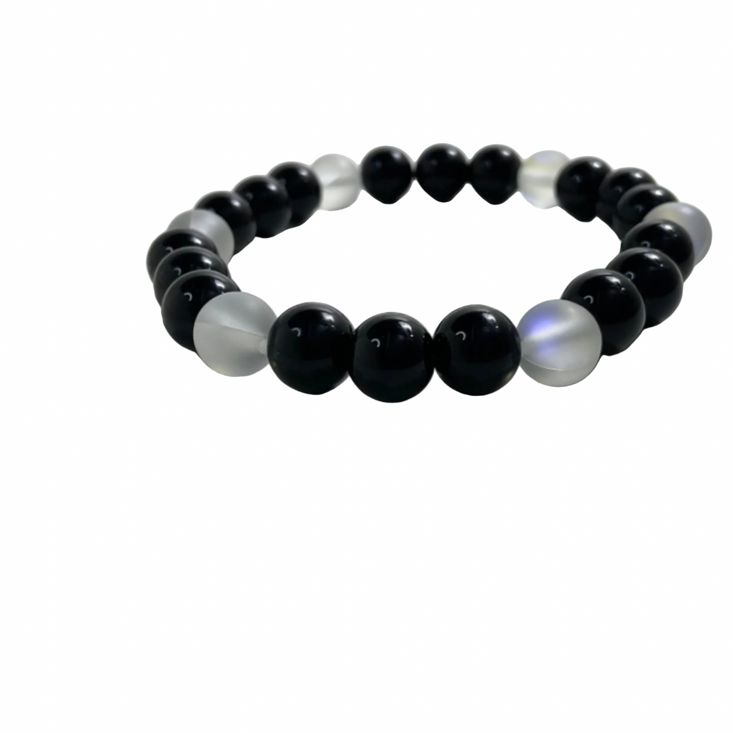 Beaded bracelet with black beads and refractive beads on a white background