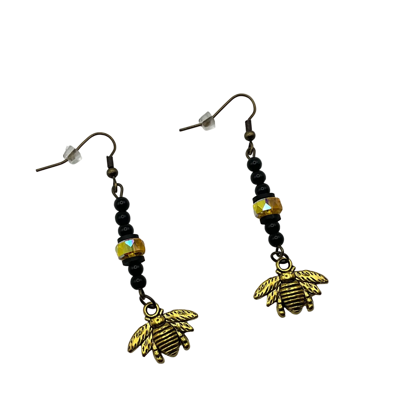Honey Bee-shaped earrings with black beads and gold tone crystal bead  on a white background