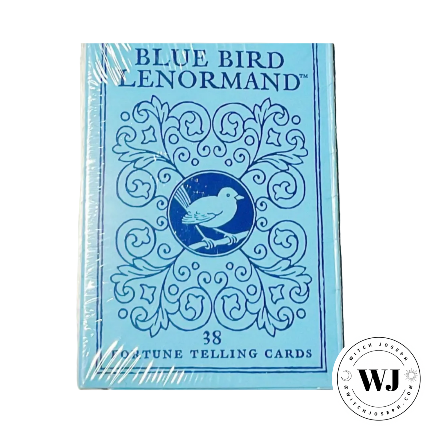 Blue Bird Lenormand card deck with decorative cover and 'WJ' logo.