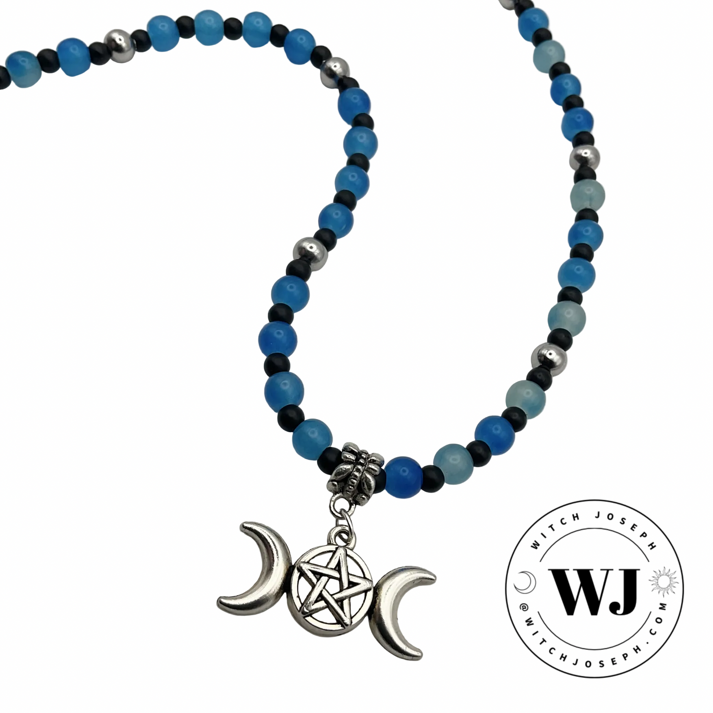 Triple Goddess Necklace with blue and black beads and a triple Goddess pentacle charm displayed on a white background with the Witch Joseph logo