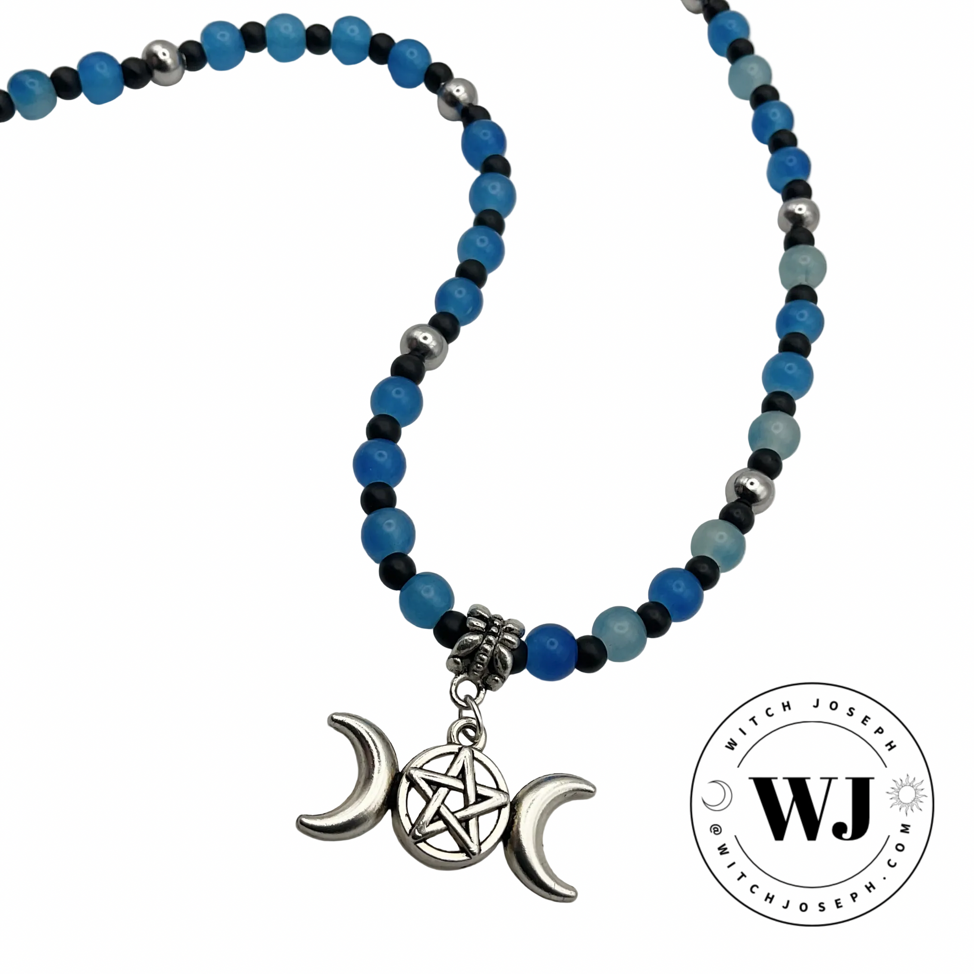 Triple Goddess Necklace with blue and black beads and a triple Goddess pentacle charm displayed on a white background with the Witch Joseph logo