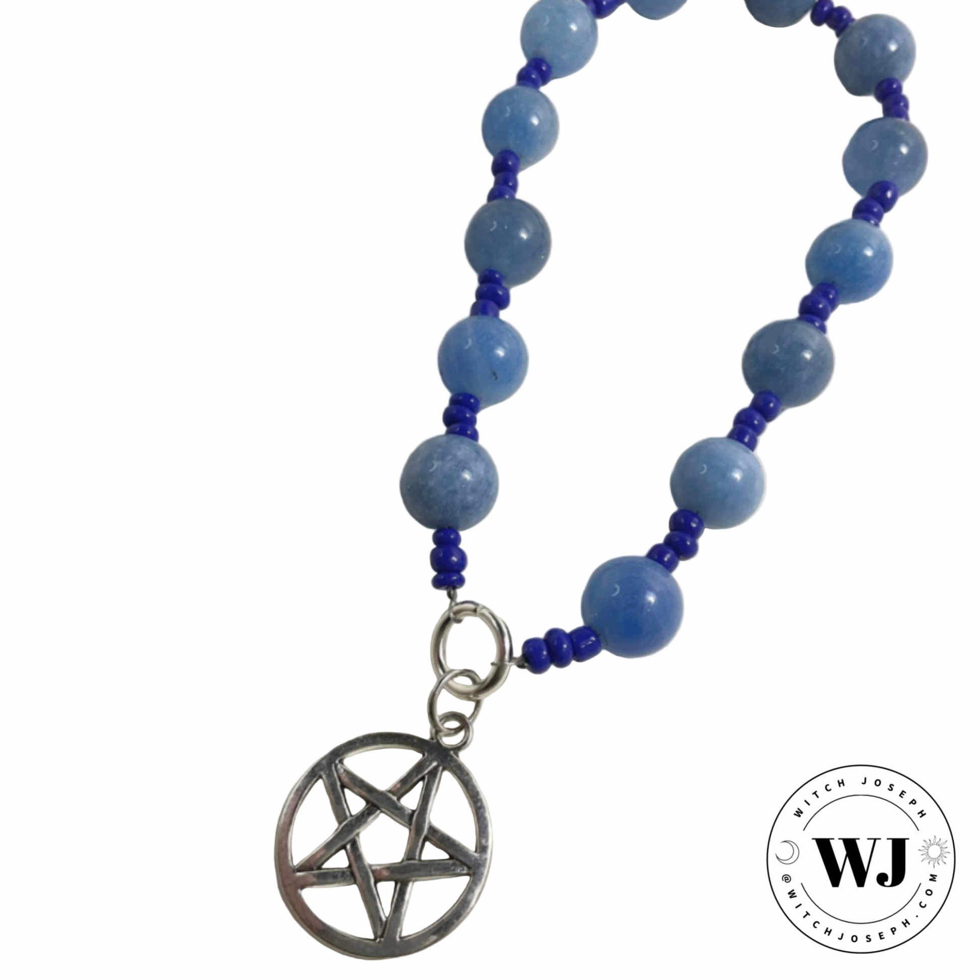 Prayer beads with blue beads and a silver pentagram charm displayed on a white background, featuring the brand 'WJ'.