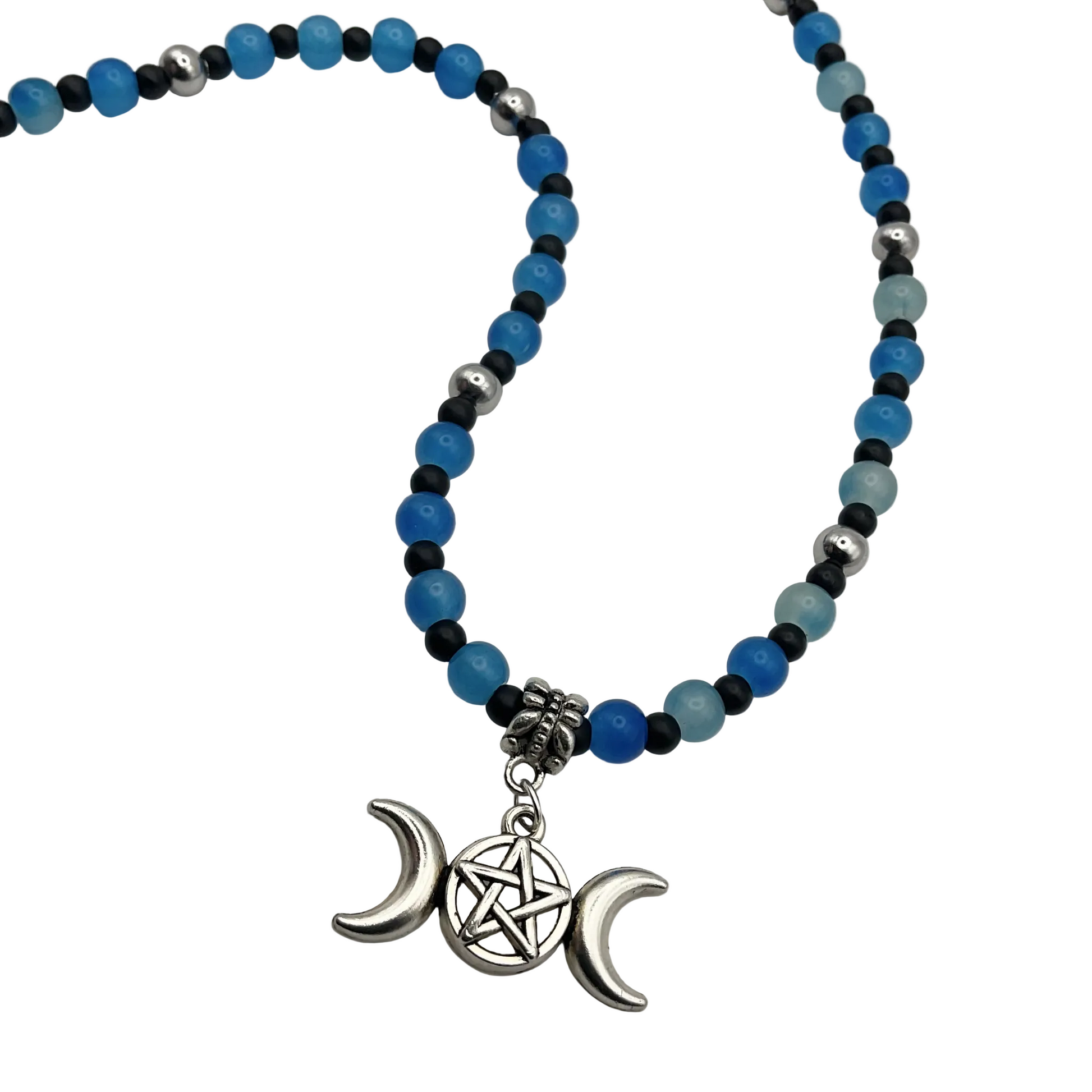 Necklace with blue, black, and silver beads and a triple goddess pentacle charm on a white background
